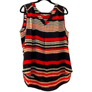 PLEIONE top, sleeveless,colorful design and stripes, Vneck, high low hem,Size XL
